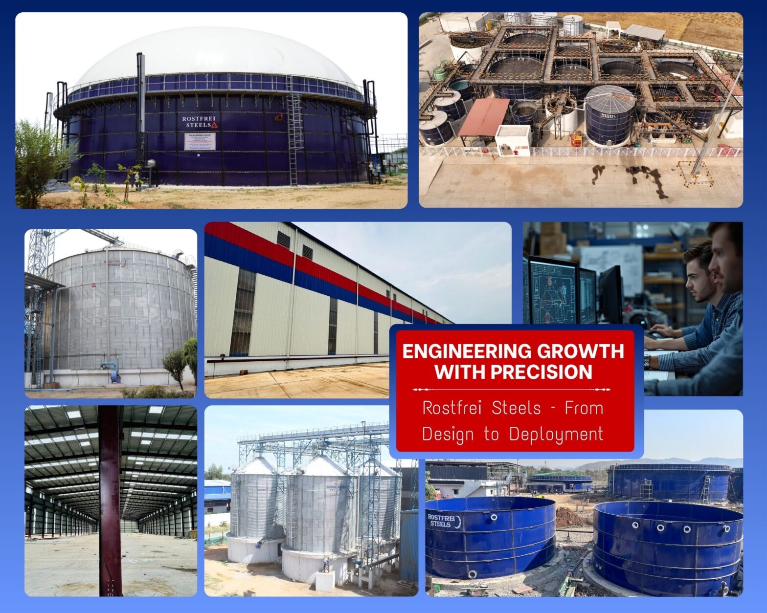 Rostfrei Steels industrial growth in India showcasing tanks, silos, PEB structures, and turnkey project solutions