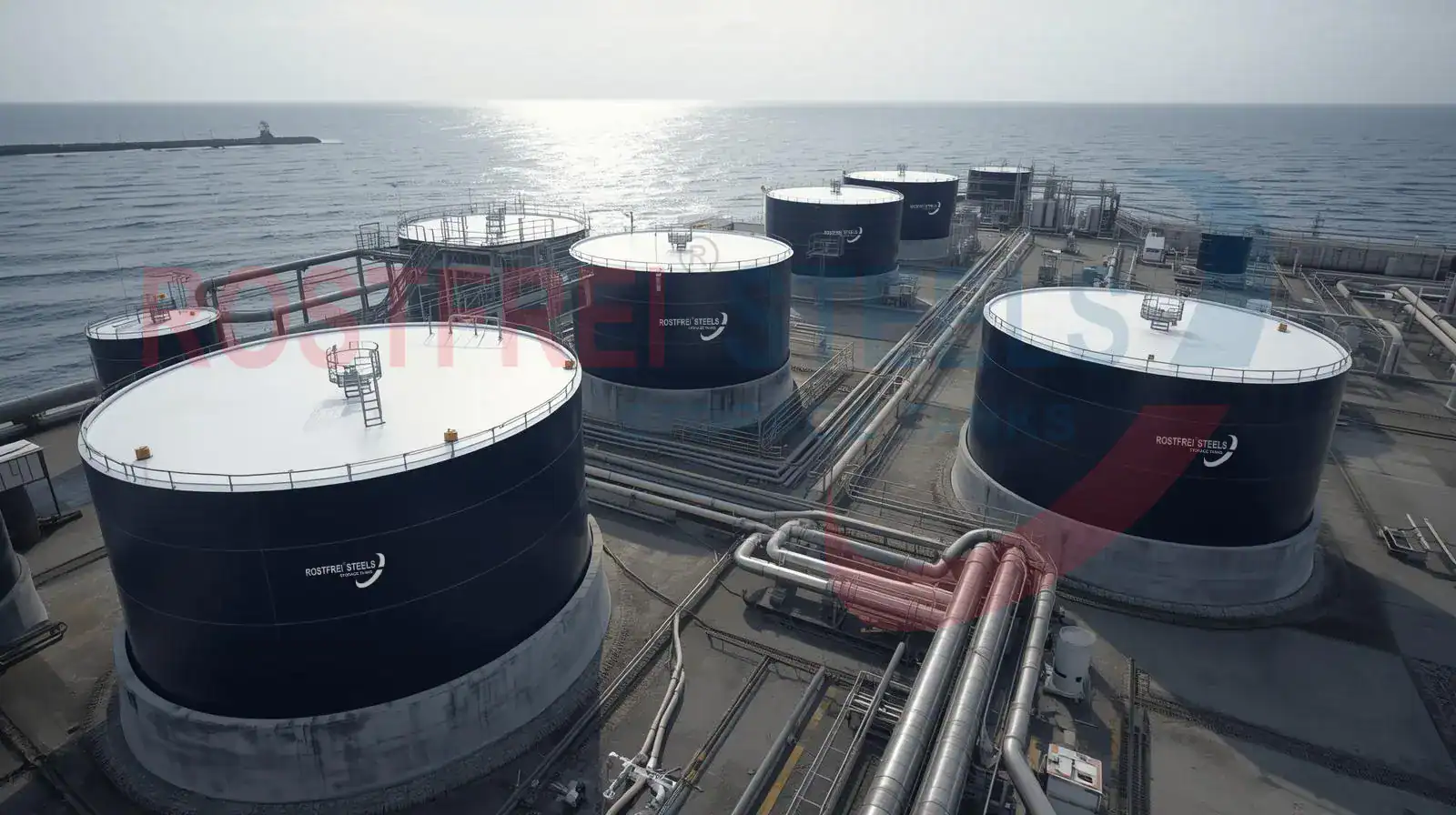 Modern desalination plant equipped with Rostfrei Steels’ Glass-Fused-to-Steel (GFS) tanks for seawater and freshwater storage, showcasing advanced water treatment infrastructure