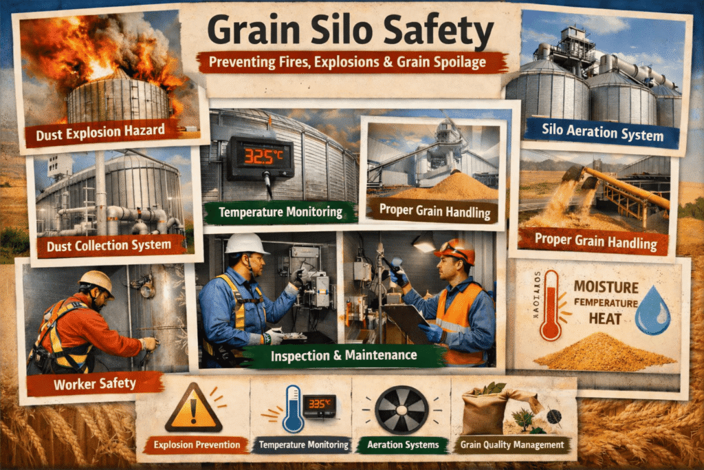 Grain silo safety infographic showing explosion risks and safety measures.