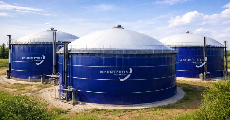 Blue Glass-Fused-to-Steel biogas digester tanks at CBG plant in India