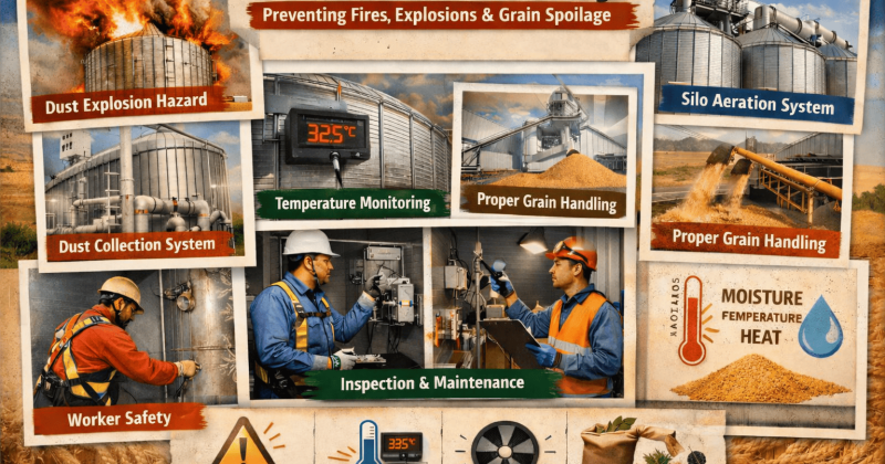 Grain silo safety infographic showing explosion risks and safety measures.