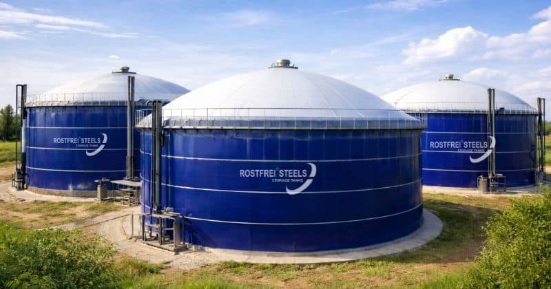 Blue Glass-Fused-to-Steel biogas digester tanks at CBG plant in India