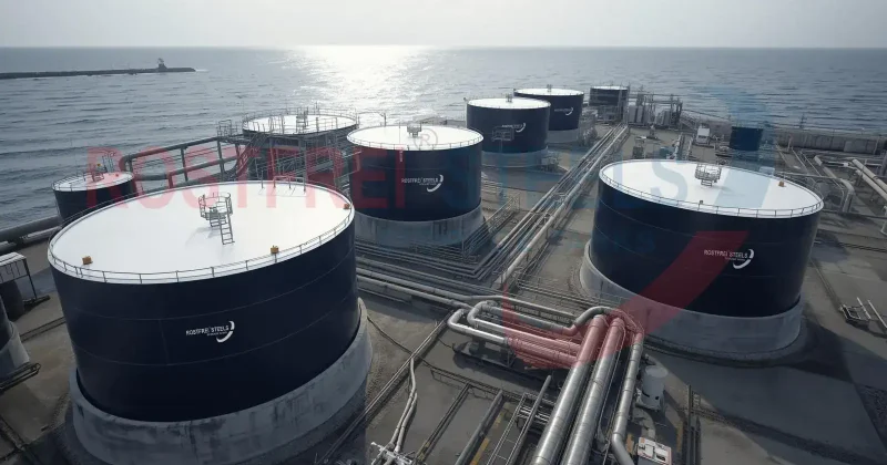 Modern desalination plant equipped with Rostfrei Steels’ Glass-Fused-to-Steel (GFS) tanks for seawater and freshwater storage, showcasing advanced water treatment infrastructure
