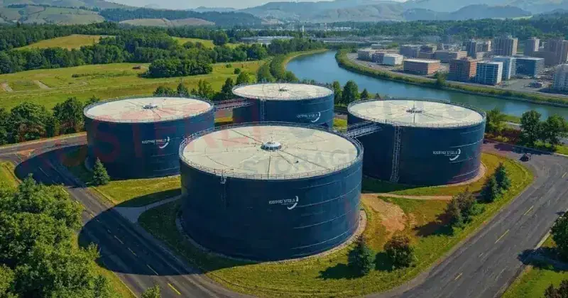 Navy blue GFS tank at ETP with flat white top and greenery.